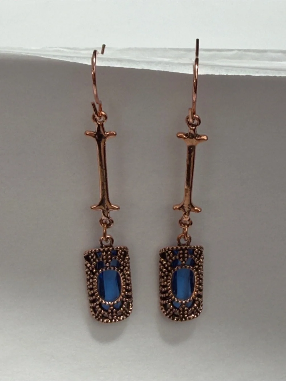 Blue Crystal Drop Earrings in Rose Gold Tone